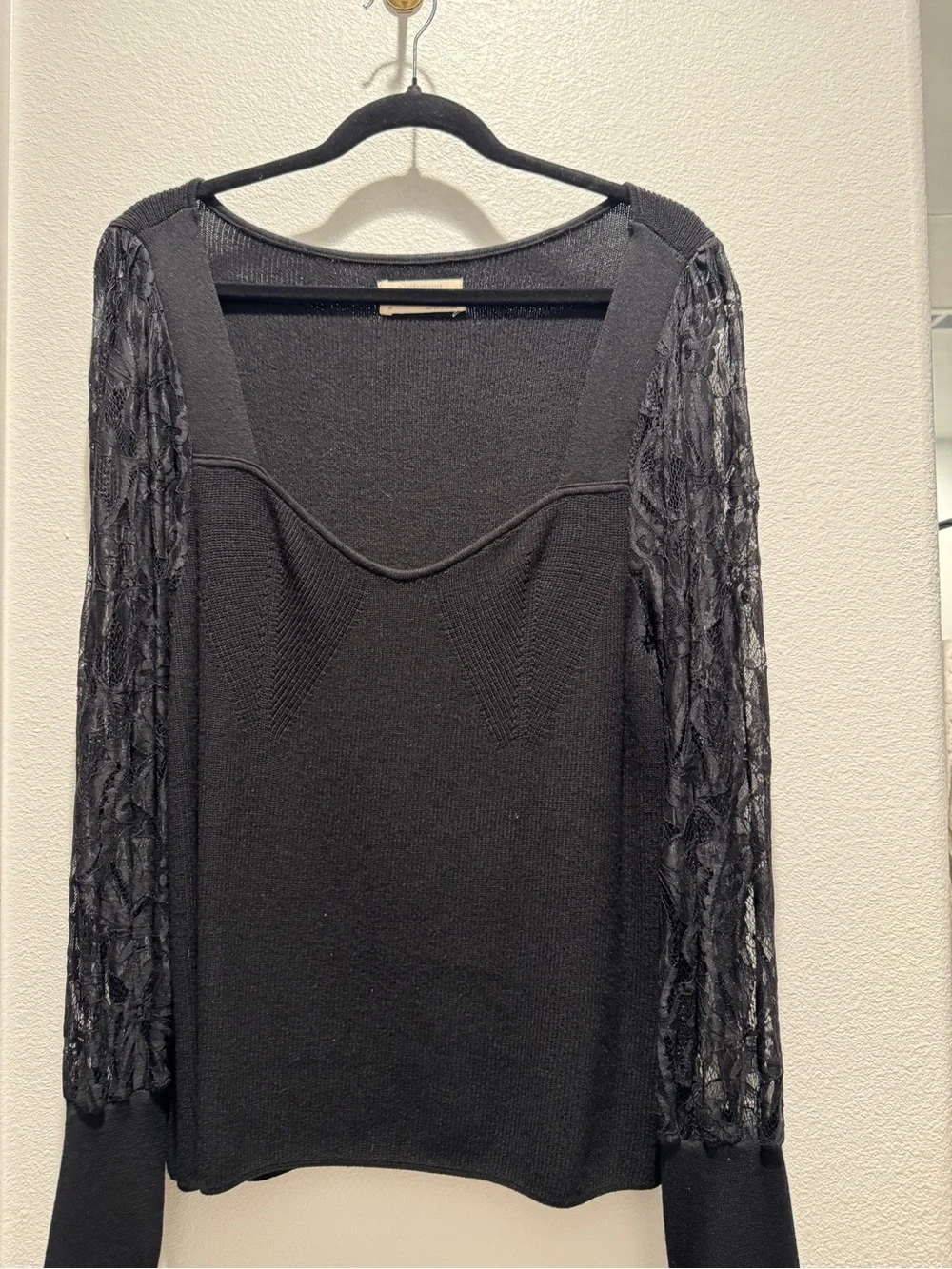 Anthropologie Black Lace-Sleeve Square Neck Long Sleeve Top